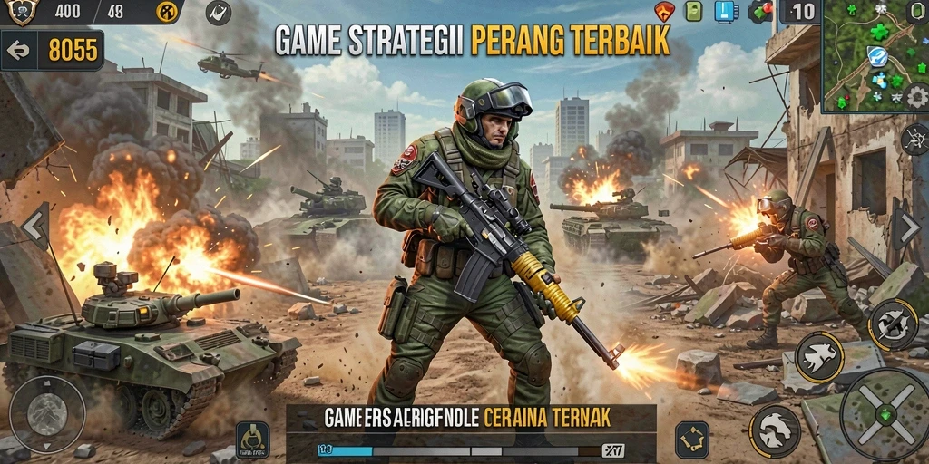 Screenshot utama 8055 menampilkan aksi pertempuran strategis.