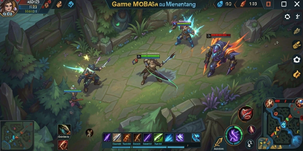 Screenshot gameplay menampilkan aksi seru tim bertarung di arena.