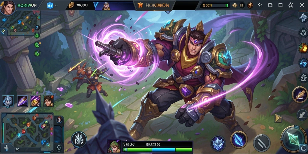 Tangkapan layar HOKIWON yang menampilkan aksi gameplay MOBA yang intens.