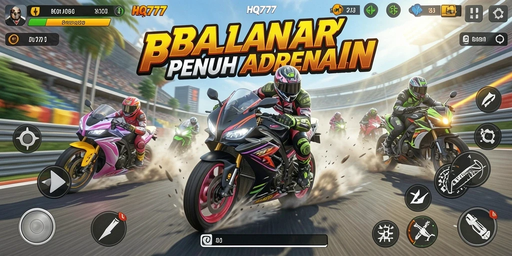 Screenshot gameplay HQ777 menampilkan aksi balapan motor yang seru.