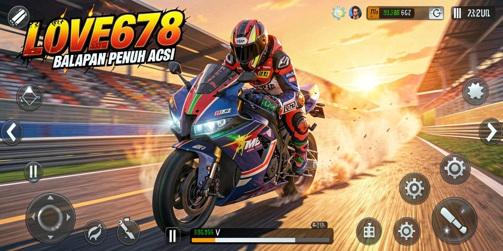 Tampilan gameplay LOVE678 dengan aksi balapan motor yang mendebarkan.