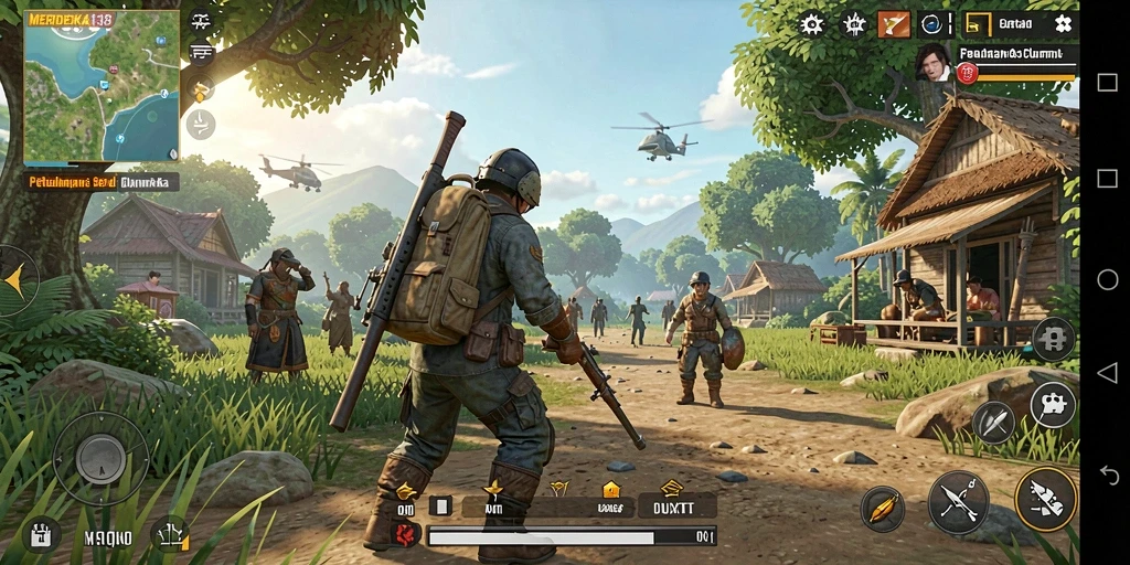 Screenshot gameplay menampilkan pemandangan indah dunia terbuka MERDEKA138.