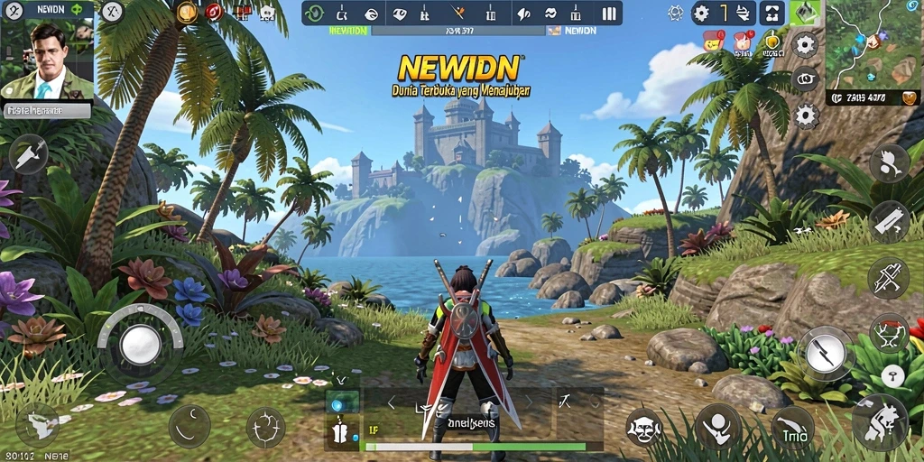 Tangkapan layar gameplay <strong>NEWIDN</strong> menampilkan eksplorasi dunia terbuka yang luas.