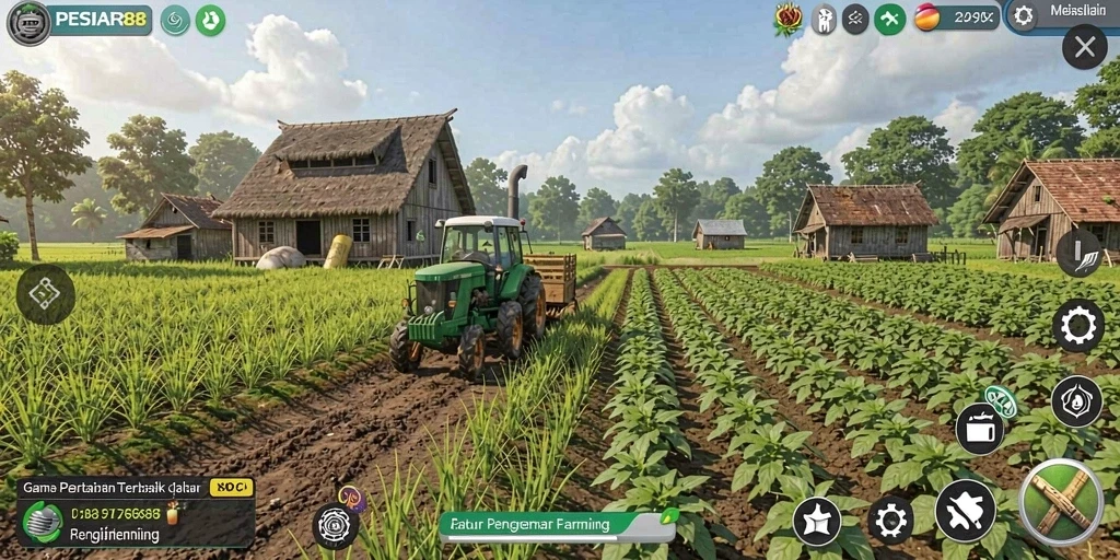 Screenshot gameplay PESIAR88 menunjukkan aktivitas bertani yang seru.