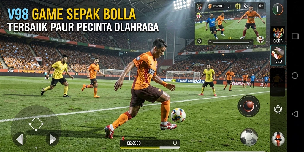 Screenshot menampilkan aksi seru dari pertandingan sepak bola di V98.